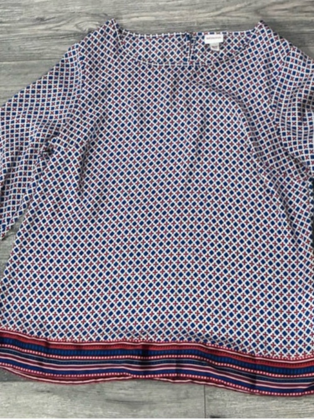 Merona Blue, White and Red Geometric Border-Trim Blouse
